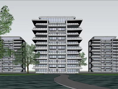 Modern Multi Story Apartment Buildings With Balconies Surrounding Trees And Pathway 3d model