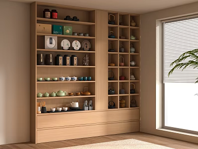 Neatly Arranged Tea Sets on Wooden Shelves in Cozy Room Interior with Natural Light 3d model