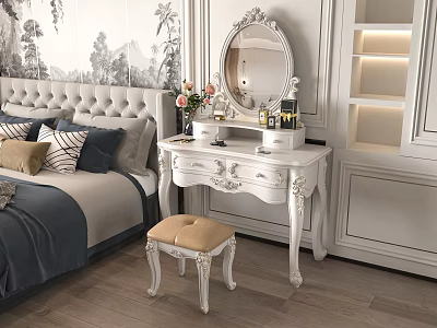Elegant White Dressing Table With Ornate Mirror And Stool In Bedroom Setting 3d model