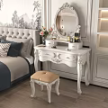 Elegant White Dressing Table With Ornate Mirror And Stool In Bedroom Setting 3d model