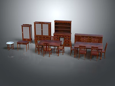 Classic Mahogany Furniture Set Featuring Cabinets Dining Tables Chairs And Side Tables 3d model