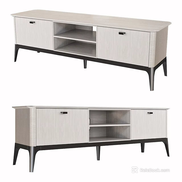 Modern TV Stand With Light Wood Finish Open Shelves And Black Legs 3d model 