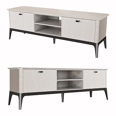 Modern TV Stand With Light Wood Finish Open Shelves And Black Legs 3d model