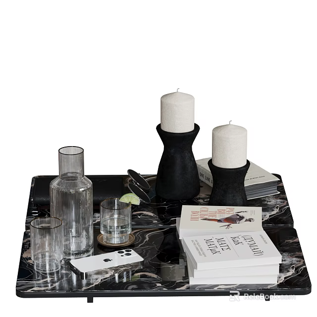 Elegant Decorative Ornament Set With Candles Glass Bottle Cups And Books On Tabletop 3d model 