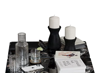 Elegant Decorative Ornament Set With Candles Glass Bottle Cups And Books On Tabletop 3d model
