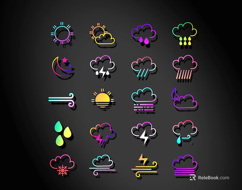 Colorful Neon Style Weather Icons Including Sun Cloud Rain Lightning And Snow 3d model 