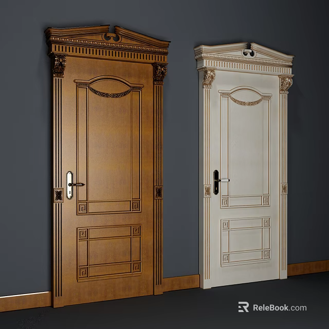 Home Interior Two Wooden Hinged Doors Brown And White With Carved Details 3d model 