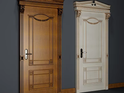 Home Interior Two Wooden Hinged Doors Brown And White With Carved Details 3d model