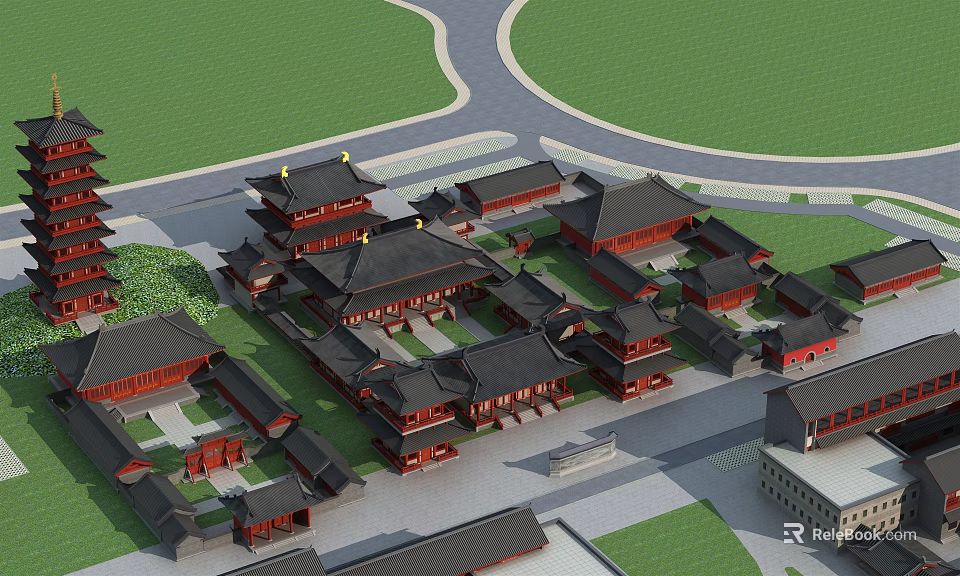 Ancient Chinese Architectural Complex With Black Tiled Roofs Ornate Eaves Green Lawns And Circular Pathway 3d model 
