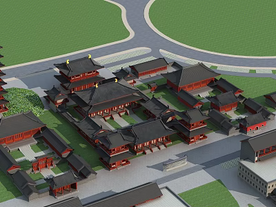 Ancient Chinese Architectural Complex With Black Tiled Roofs Ornate Eaves Green Lawns And Circular Pathway 3d model