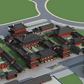 Ancient Chinese Architectural Complex With Black Tiled Roofs Ornate Eaves Green Lawns And Circular Pathway