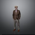Man In Brown Blazer Light Colored Pants Red Shoes And Hat Standing On Gray Background