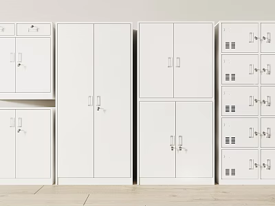 White Storage Lockers with Various Sizes Different Designs Doors And Locks 3d model