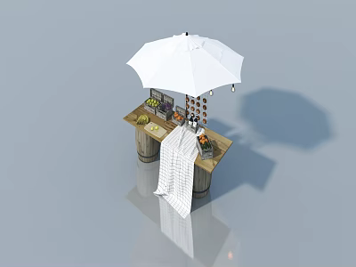 Outdoor Table With Wooden Barrel Base White Parasol And Decorative Fruits 3d model