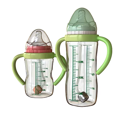 Ceramic Baby Bottles Featuring Green Handles Volume Markings And Colored Lids 3d model