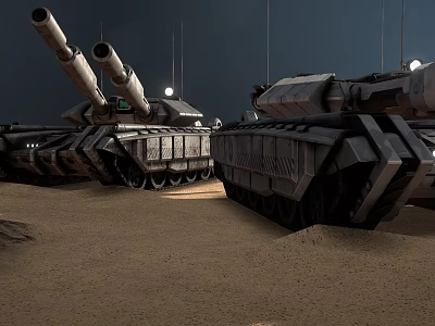Two Modern Tanks in Desert Environment with Long Cannons Metallic Texture and Dark Sky 3d model