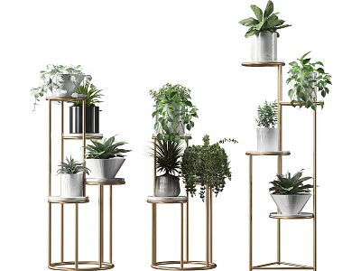 Garden Decorative Plant Stands With Golden Frames And Various Potted Green Plants 3d model