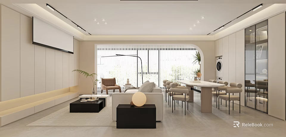 Modern Living and Dining Room Interior With Sofa Dining Table And Floor to Ceiling Windows 3d model