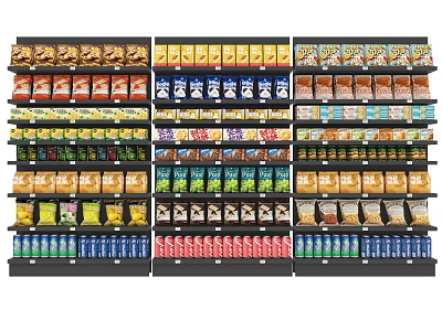 Retail Display Shelves Fully Stocked With Various Snacks Beverages And Packaged Foods 3d model