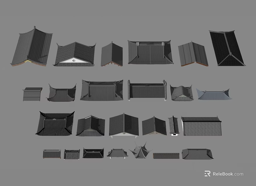 Various Building Components Featuring Different Roof Structures Eave Designs And Decorative Parts 3d model