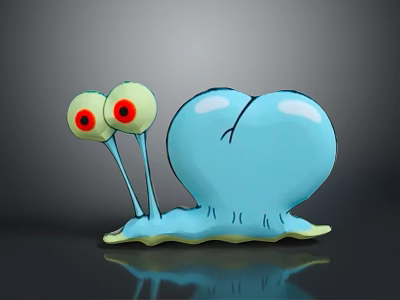 Cartoon Doll with Blue Body Large Green Eyes Red Pupils Long Antennae Yellow Base 3d model