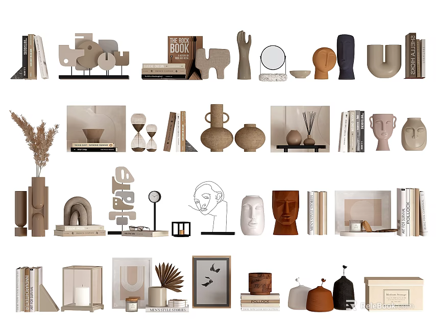 Modern Minimalist Decorative Ornament Set with Vases Sculptures Books and Photo Frames 3d model 