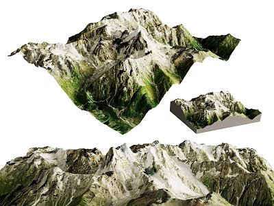 Detailed 3D Mountain Terrain Model With Green Vegetation White Snow And Multiple Display Angles 3d model