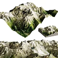 Detailed 3D Mountain Terrain Model With Green Vegetation White Snow And Multiple Display Angles