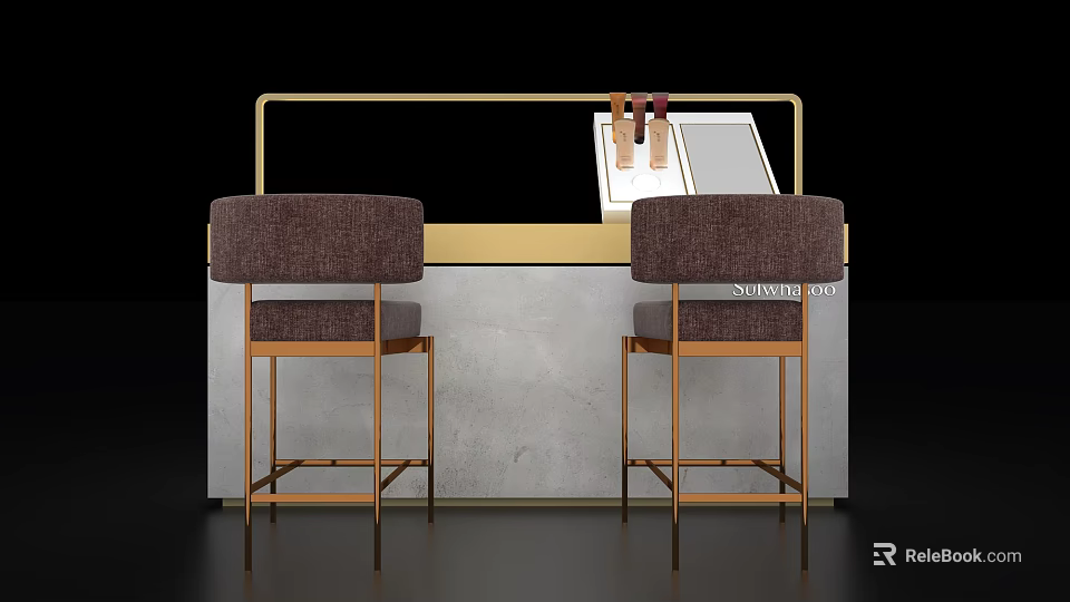 Modern Showcase Shelf With Golden Frame Gray Countertop Two Brown Bar Stools And Wine Bottles 3d model 