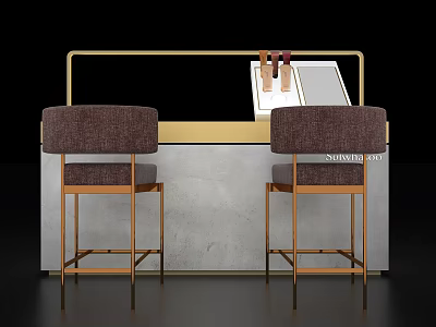 Modern Showcase Shelf With Golden Frame Gray Countertop Two Brown Bar Stools And Wine Bottles 3d model