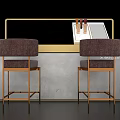Modern Showcase Shelf With Golden Frame Gray Countertop Two Brown Bar Stools And Wine Bottles