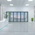 Modern Office Reception Area with White Reception Desk Professional Staff Company Logo and Green Plant