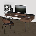 Middle Style Desk Chair Desk Single Chair Wood Computer Keyboard Mouse Monitor 3d model