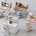 Various Colorful Student Desk and Chair Sets with Bookshelves Drawers and Tabletop Items