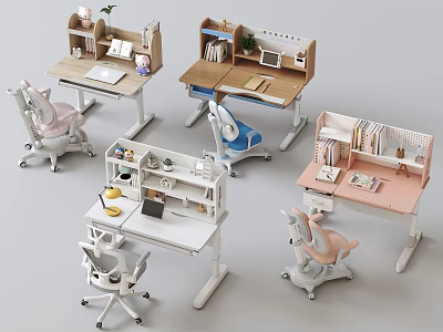Various Colorful Student Desk and Chair Sets with Bookshelves Drawers and Tabletop Items 3d model