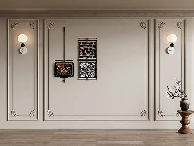 Elegant Wall Paneling with Decorative Trim Wall Sconces Artwork and Wooden Flooring 3d model