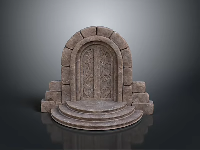 Ancient Stone Archway With Intricate Carved Door And Stepped Base 3d model