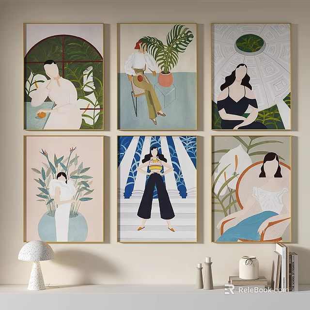 Abstract Paintings With Female Figures Plant Elements And Geometric Patterns For Home Decor 3d model