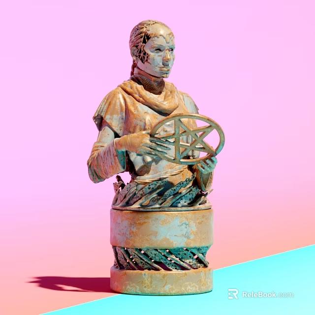Landscape Sculpture Human Figure Holding Circular Geometric Pattern With Decorative Base Pastel Pink Blue Background 3d model 
