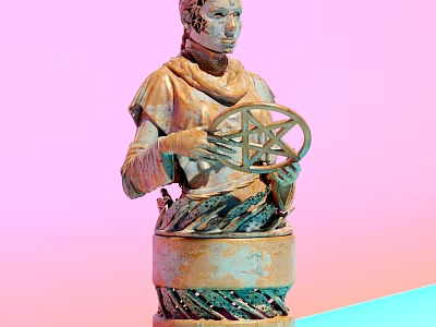 Landscape Sculpture Human Figure Holding Circular Geometric Pattern With Decorative Base Pastel Pink Blue Background 3d model