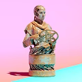 Landscape Sculpture Human Figure Holding Circular Geometric Pattern With Decorative Base Pastel Pink Blue Background