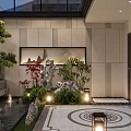 Contemporary Garden Landscape Design With Greenery Water Feature Stone Path And Ambient Lighting