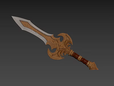 Ornate Weapon Sword Design With Sharp Blade Intricate Golden Hilt And Brown Handle 3d model