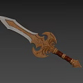 Ornate Weapon Sword Design With Sharp Blade Intricate Golden Hilt And Brown Handle
