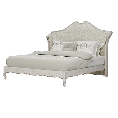 Elegant Beige Upholstered Double Bed With Carved Headboard And Classic Design 3d model