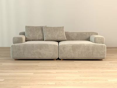 Light Gray Velvet Two Seater Sofa With Soft Cushions On Wooden Floor 3d model