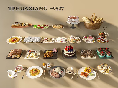 Assorted Delicious Foods Including Cakes Breads Pizza Desserts And Fruit Platters 3d model