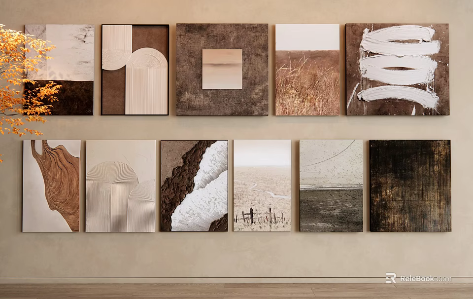 Abstract Paintings With Earth Tones And Various Textures On Interior Wall 3d model
