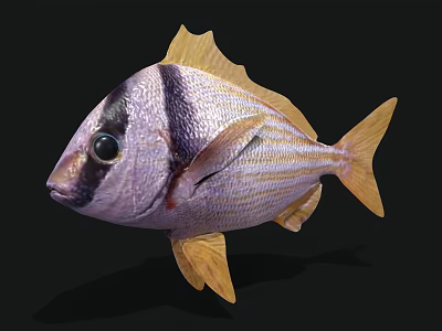 Vibrant Striped Fish With Purple Body Yellow Fins And Black Head On Black Background 3d model