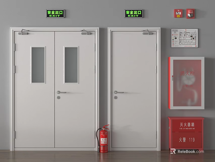 Fire Safety Equipment Setup With Emergency Exit Signs Fire Doors Extinguishers And Hydrant Cabinets 3d model 